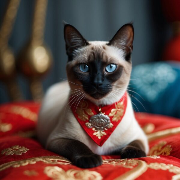 A Siamese cat sits on a red silk cushion, surrounded by traditional Chinese symbols and ornaments