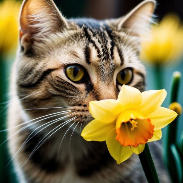 A curious cat sniffs a bright yellow daffodil,