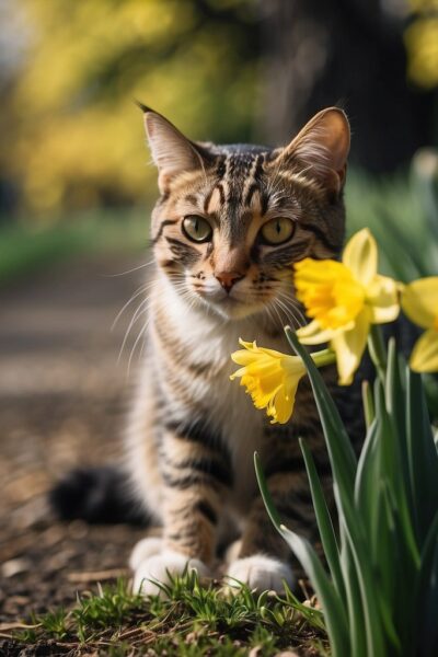 Cat sitting beside daffodils