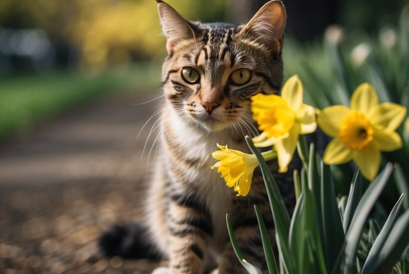 Cat sitting beside daffodils