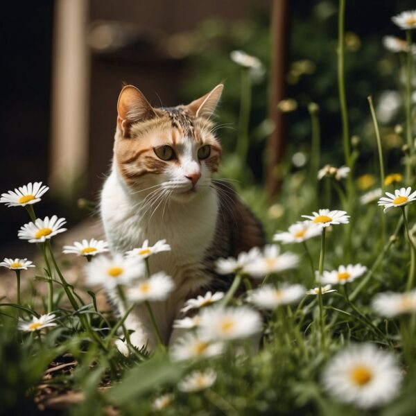 A curious cat sniffs daisies in a garden