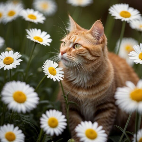 a cat sniffing daisies