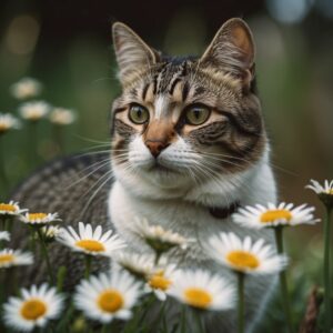 Cat in field of daisies