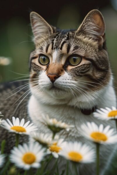 Cat in field of daisies