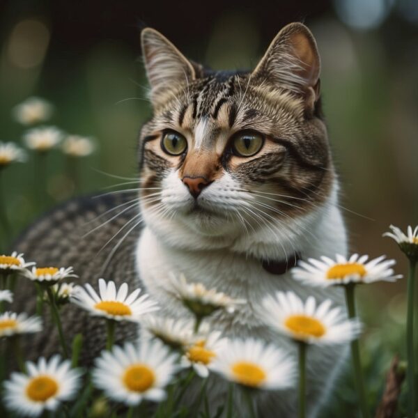 a feline in field of flowers