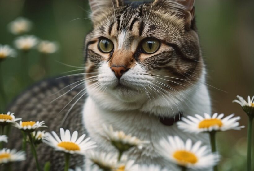 Cat in field of daisies