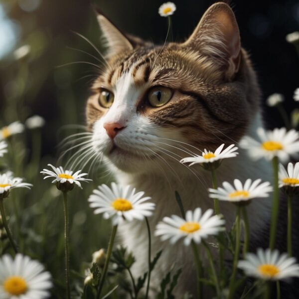 Closeup of cat in a field of daisies