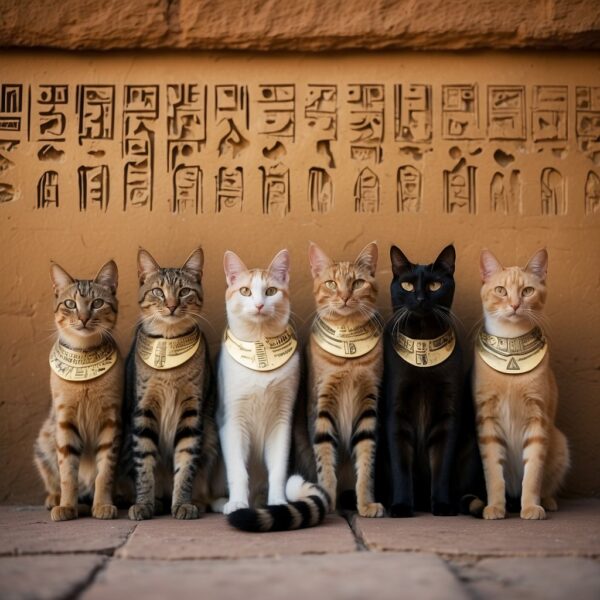 Several Egyptian cats gather around a hieroglyphic wall, each with a name tag displaying popular male Egyptian cat names