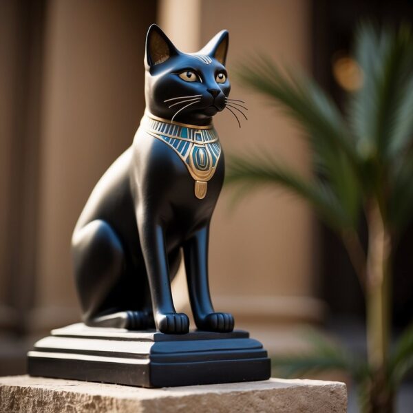 An Egyptian cat statue sits majestically on a pedestal, adorned with hieroglyphics and symbols representing ancient Egyptian culture