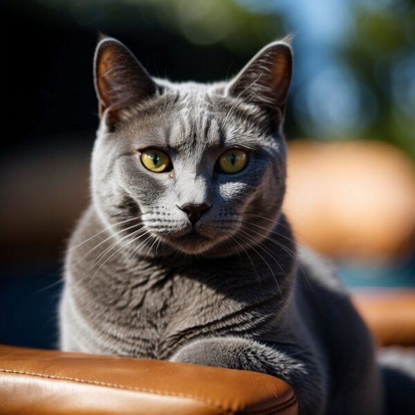 A Chartreux cat sits proudly, with its dense, blue-gray fur glistening in the sunlight. Its large, rounded eyes convey a sense of intelligence and alertness, while its muscular build exudes strength and agility