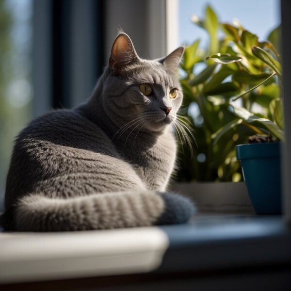 A kitty lounges on a windowsill, gazing lazily at the passing birds. Its thick, blue-gray fur shimmers in the sunlight, and its intelligent eyes convey a sense of calm confidence