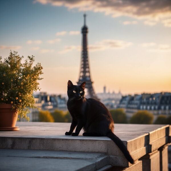 A sleek black cat sits atop a Parisian rooftop, with the Eiffel Tower in the background,