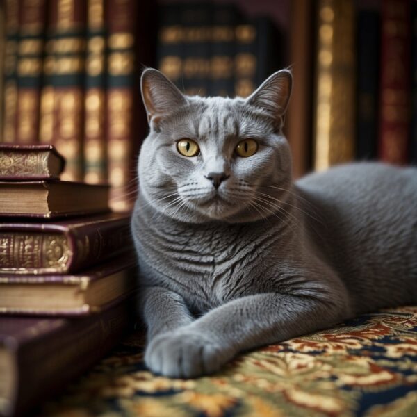 A Chartreux cat lounges on a medieval tapestry, surrounded by books and scrolls, symbolizing its historical significance
