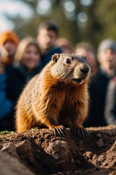 Groundhog day with crowd in background
