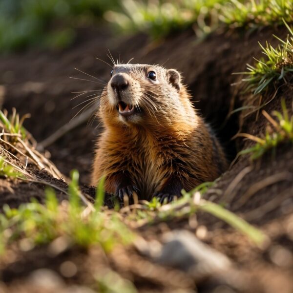 groundhog or woodchuck in burrow