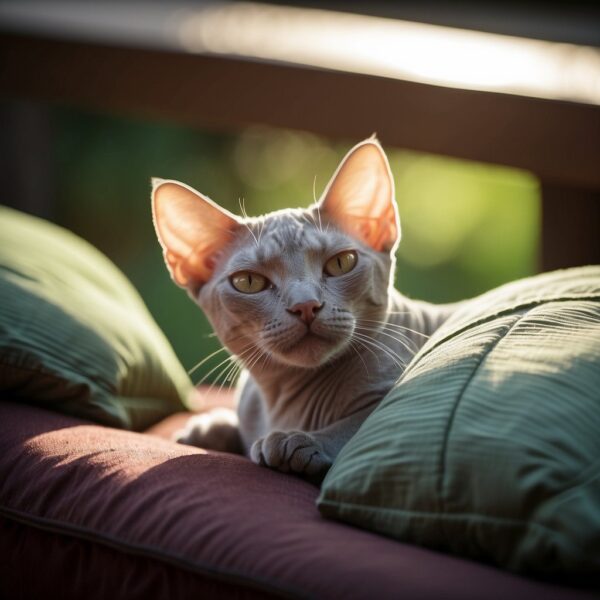 A hairless cat lounges on a soft cushion, its wrinkled skin glistening in the sunlight. Its large ears perk up as it gazes curiously at the world around it