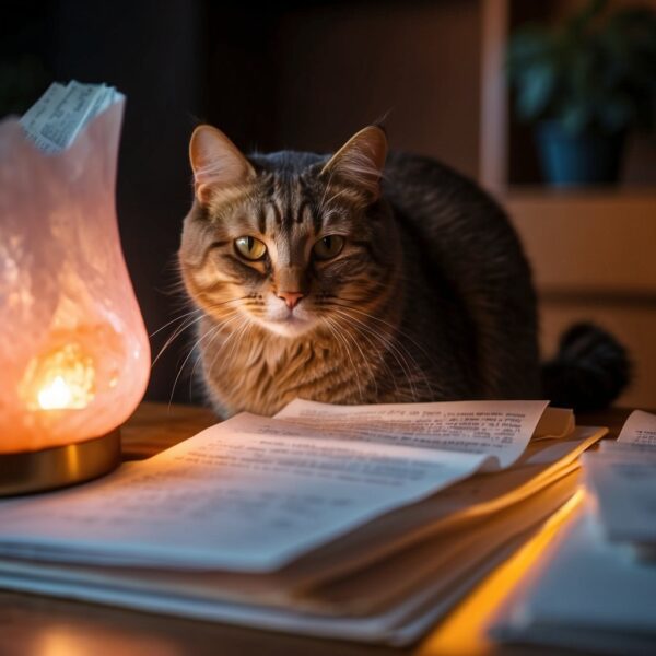 A curious cat investigates a glowing Himalayan salt lamp, surrounded by a stack of FAQ papers