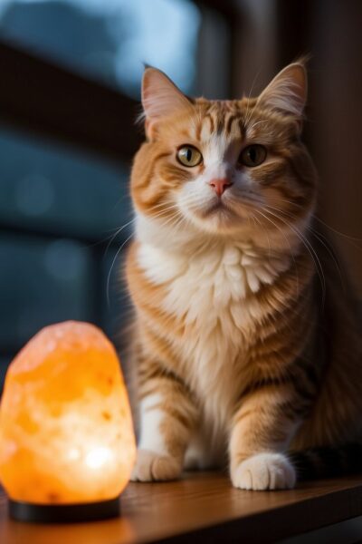 Cat with Himalayan Salt Lamp