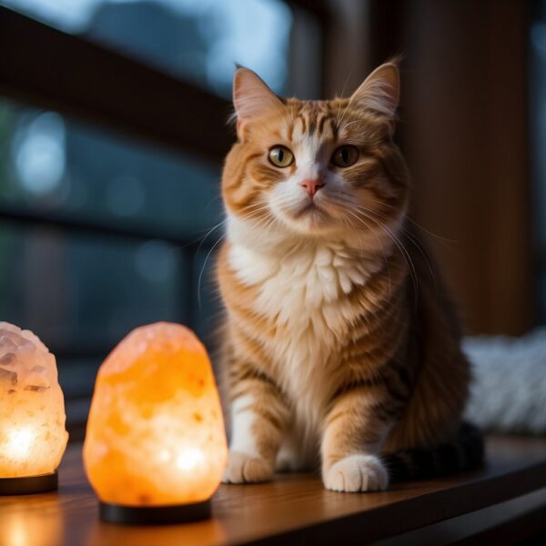 A cat sits next to a glowing Himalayan salt lamp, emitting a warm, soft light. The cat appears relaxed and content, surrounded by a calming and peaceful atmosphere