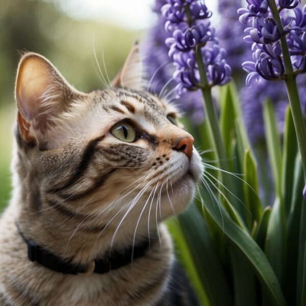 A curious cat sniffs a vibrant hyacinth, its leaves and flowers vivid against a neutral background