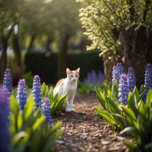 A lush garden with vibrant hyacinths in full bloom, with a curious cat.
