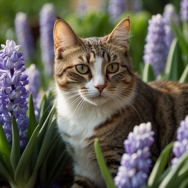 A curious cat sniffs a vibrant hyacinth, its toxic bulbs and leaves looming ominously nearby