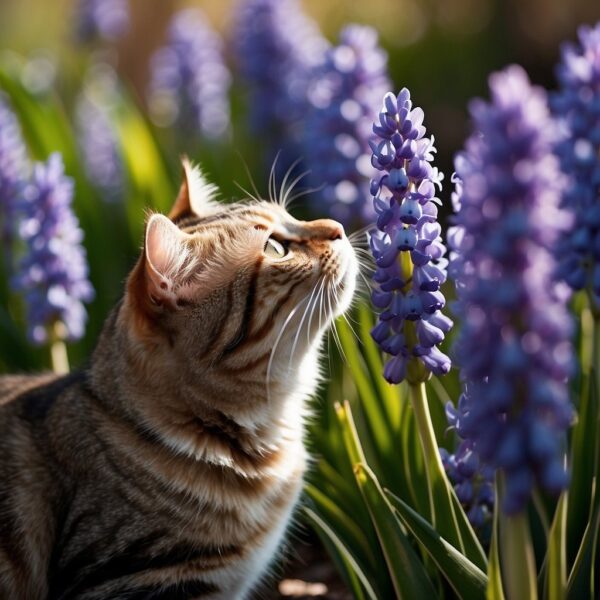 A feline sniffs a purple flower.