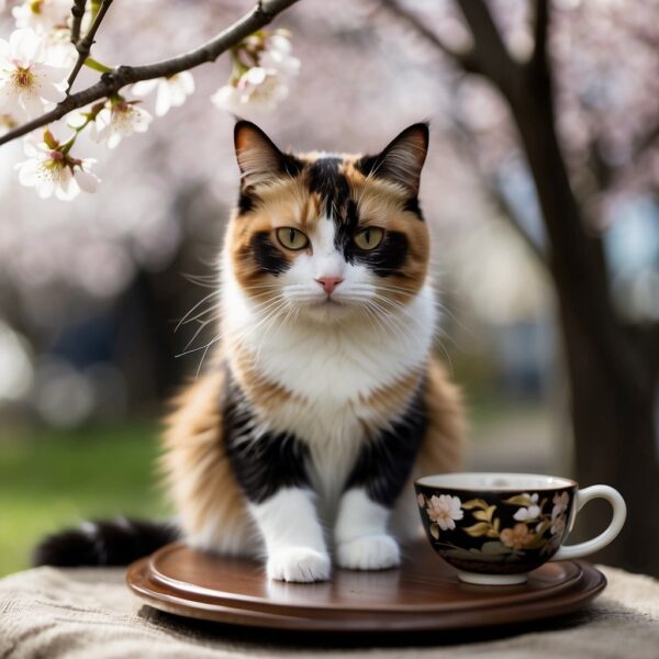 A calico cat sits gracefully under a cherry blossom tree, surrounded by traditional Japanese items like a tea set and a fan
