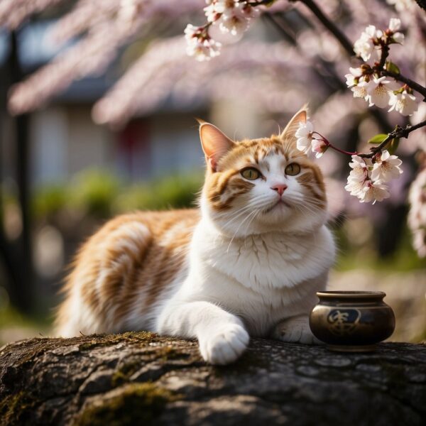 A feline sits among cherry blossoms, surrounded by traditional symbols and objects, as their guardian considers various names