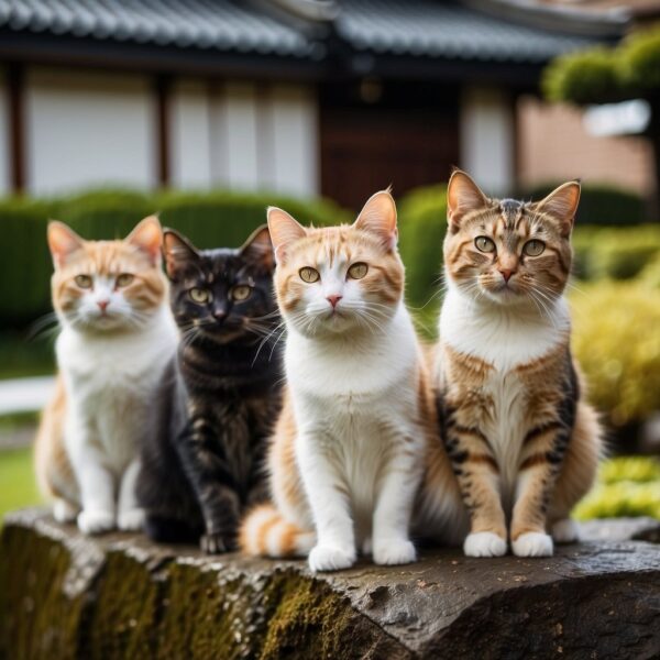 A group of cute cats with Japanese names sitting together in a traditional Japanese garden