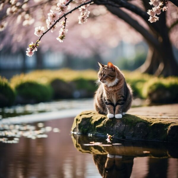A serene garden with cherry blossoms and a tranquil pond, where a graceful cat named Sakura sits under a blooming tree