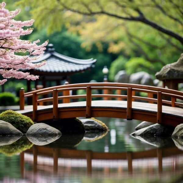 A serene Japanese garden with a traditional wooden bridge and a serene pond, surrounded by cherry blossom trees and a small shrine dedicated to cats