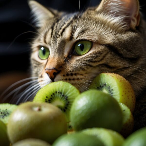 A curious cat sniffs a ripe kiwi, its whiskers twitching as it contemplates taking a bite. The vibrant green fruit contrasts against the cat's fur, creating a visually appealing scene