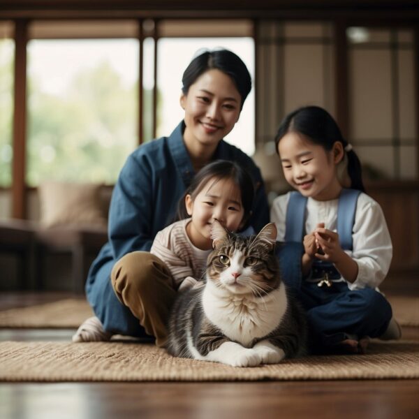 A traditional Korean house with a family gathered around, placing a name tag on a new pet cat. The family members are smiling and showing affection towards the cat