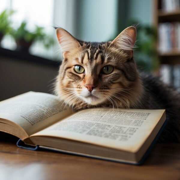 A cat sitting next to a book titled "Choosing the Right Name for Your Cat" with Korean words on the cover
