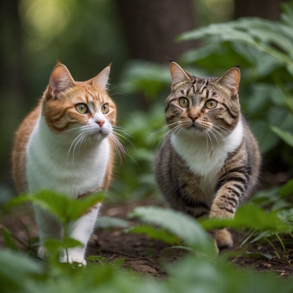 Two Kurilian Bobtail cats playfully chasing each other through a lush green forest, their distinctive bobbed tails held high in the air