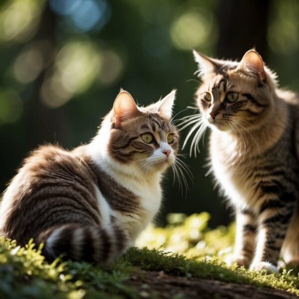Russin kitties gather in a lush forest, showcasing their distinctive bobbed tails and thick fur. A pair of cats engage in a playful chase, while others lounge in the dappled sunlight