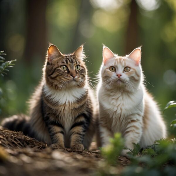 Two Kurilian Bobtail cats with distinctive bobbed tails and large, expressive eyes, playing in a lush, forested environment