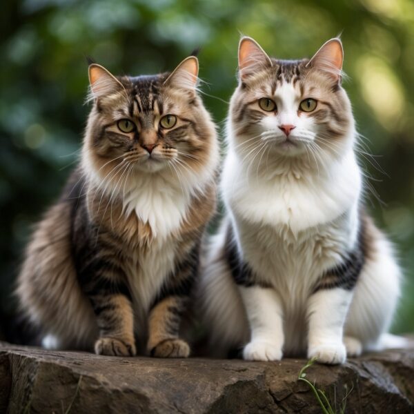Two Kurilian Bobtail cats sitting side by side, with thick fur and distinctive bobbed tails, surrounded by lush greenery