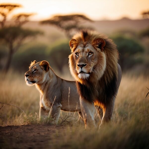 Lions roam freely in the African savanna, guarded by local warriors. The Lion Guardians Project aims to protect these majestic creatures from poaching and human-wildlife conflict