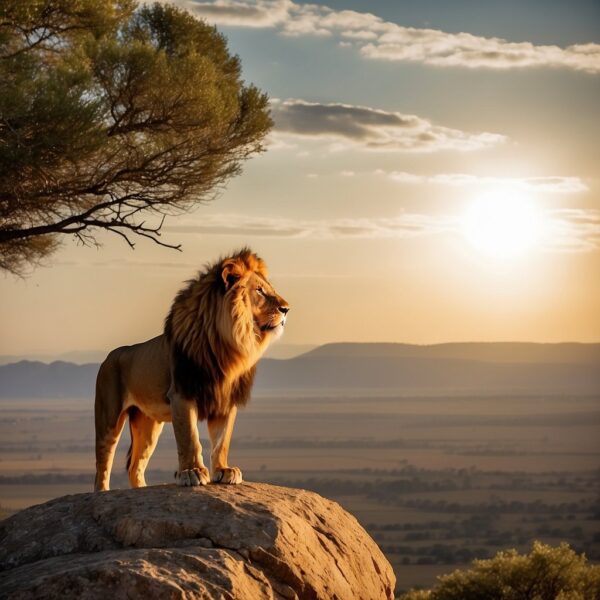 A majestic lion stands proudly atop a rocky outcrop, surveying the vast savanna below. The golden sunlight bathes the landscape, casting long shadows as the lion watches over its territory
