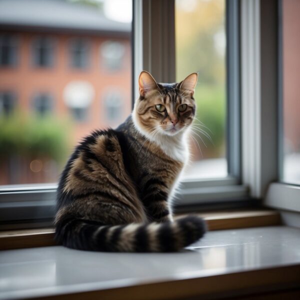 A mixed-breed cat, lounges on a windowsill, gazing out at the world with curiosity. Its fur is a patchwork of colors and patterns, and its eyes are bright with intelligence