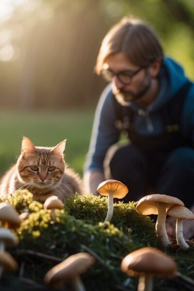 cat and guardian looking at mushrooms