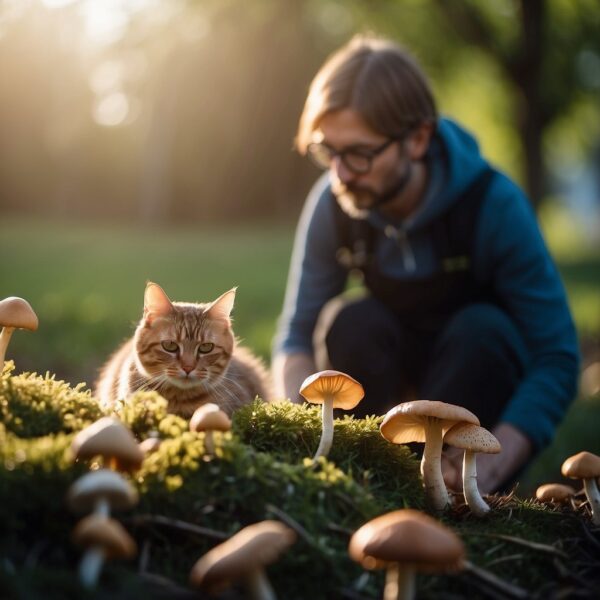A cat cautiously sniffs a pile of mushrooms, while a concerned parent looks on from a distance