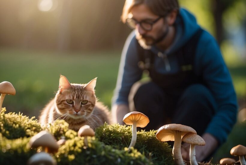 cat and guardian looking at mushrooms