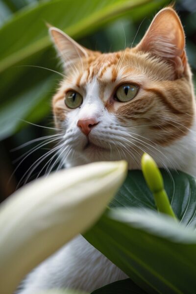 Peace Lily with a ginger cat
