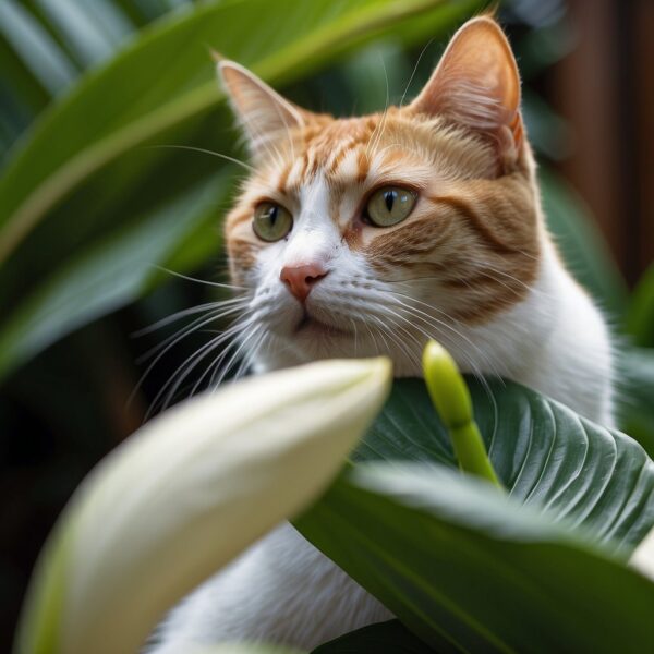 A cat sniffs a peace lily, then recoils and gags, displaying signs of discomfort and distress