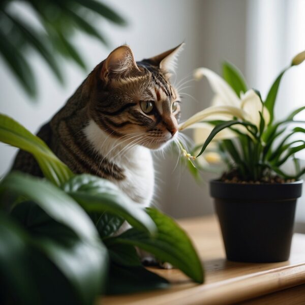 A curious cat sniffs a plant, while a concerned guardian looks on