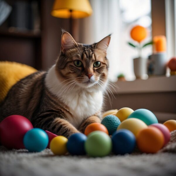 A cat sitting in a cozy home environment, surrounded by safe and engaging toys and activities. No small objects or hazardous materials in sight