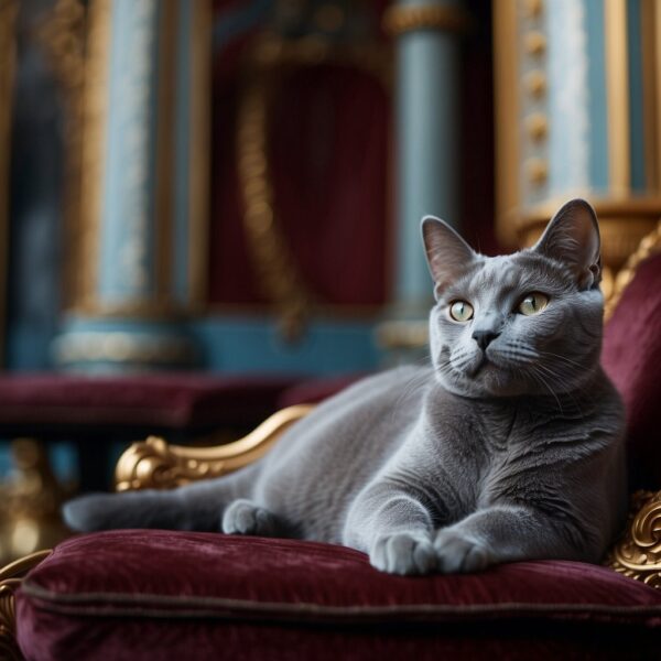 A Russian Blue cat lounges regally on a velvet cushion, surrounded by opulent Russian architecture and historical artifacts